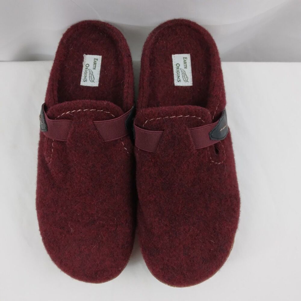Earth Origins Jenna Burgundy Felt Slip On Clogs Shoes Strap Detail Women's 8.5 M